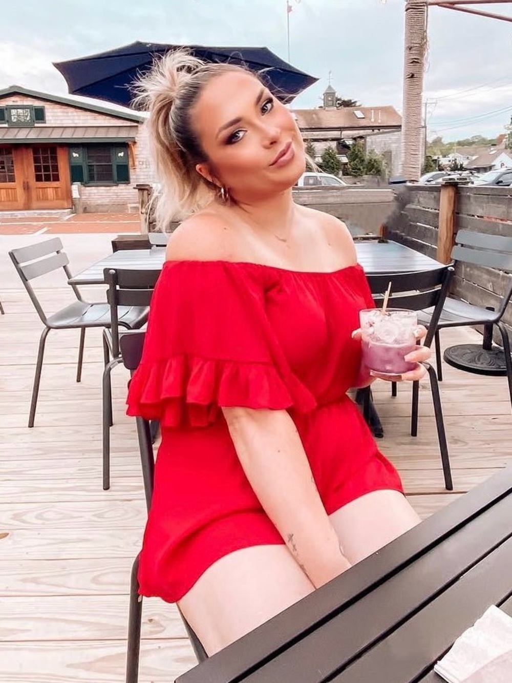 Kittenish Vibrant Red Ruffle Off-Shoulder Romper - Picture 3 of 5